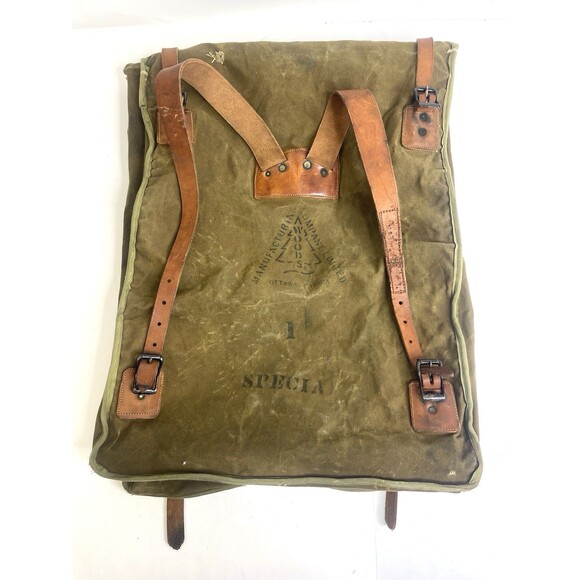 Vtg Woods Canoe Bag Canvas w Leather Straps Canada Made Backpack Sack Duluth Bag - Picture 1 of 16